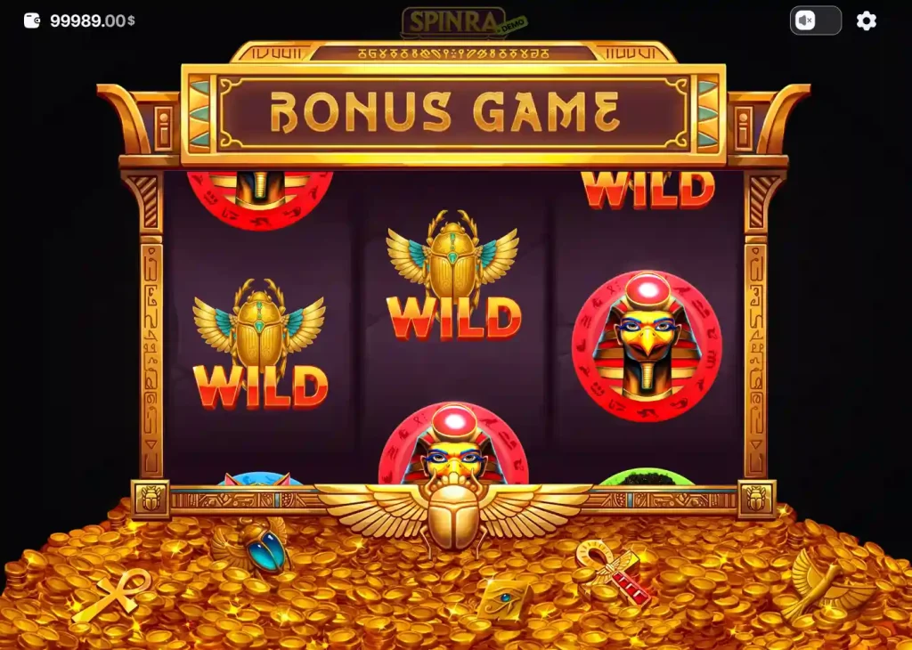 SpinRa Slot Bonus Game mit Wild-Symbolen, ägyptischem Rahmen und Goldmünzen