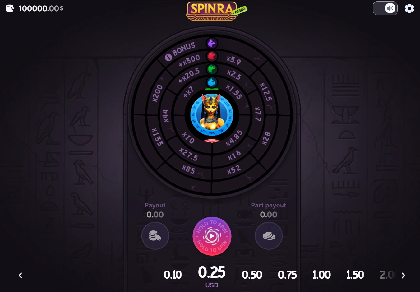 SpinRa Slot Bonus Wheel Interface mit Multiplikatoren, Anubis-Bonus und Einsatzoptionen